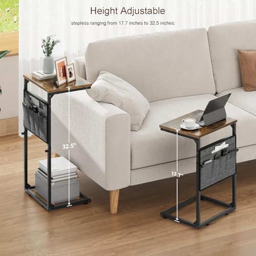 Vagusicc C Shaped End Table, Set of 2 Tall Side Table for Couch, Adjustable Height Small Couch Side Table for Small Spaces, End Table Slide Under Sofa Table TV Tray Arm Table for Living Room, Brown - Image 5