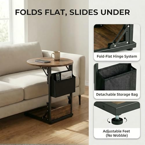 Foldable C Shaped End Table, 15.7" Couch Side Table with Storage Pocket, Slides Under Sofa - Image 5