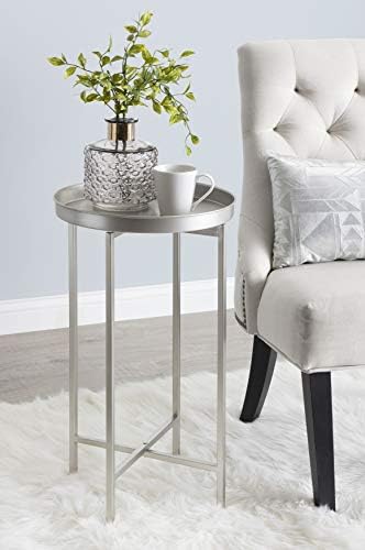 Kate and Laurel Celia Round Metal Foldable Accent Table with Tray Top, 14" x 14" x 25.75", Silver - Image 2
