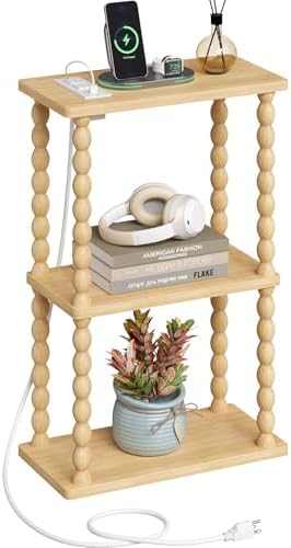 ELYKEN Narrow Side Table with Charging Station, 3-Tier Skinny Bedside Table by ELYKEN