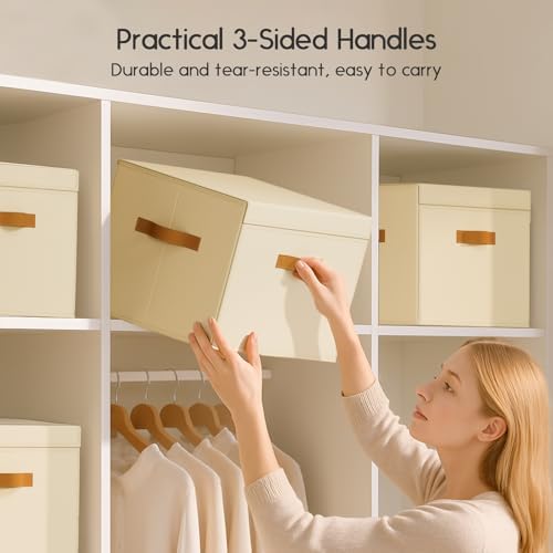 Homsorout Large Storage Bins with Lids - Front Opening Fabric Storage Bins, Flap Closet Organizer with Handles, Collapsible Boxes with Lid, Decorative Basket for Home, Dorm, 6 Pack, Beige - Image 5