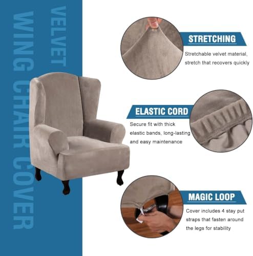 H.VERSAILTEX Wingback Chair Covers Velvet Plush Wing Chair Slipcover 1 Piece High Stretch Wing Back Chair Slipcovers Sofa Cover Furniture Cover with Elastic Bottom, Taupe - Image 2