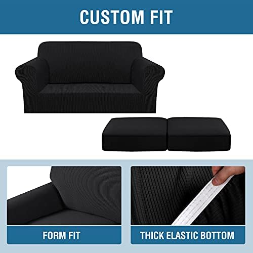 H.VERSAILTEX 3 Piece Stretch Sofa Covers for 2 Cushion Loveseat Couch Covers for Living Room Furniture Cover (Base Cover Plus 2 Seat Cushion Covers) Thicker Jacquard Fabric(Medium Sofa, Black) - Image 4