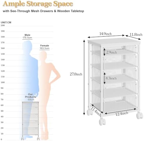 Sbanmao 5 Drawers Rolling Utility Cart, Storage Drawer Cart with Wooden Top, Rolling Storage Cart on Lockable Wheels, Metal Utility Cart & Craft Storage Cart for Bedroom, Classroom, Office, White - Image 2
