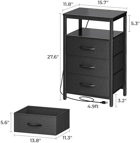 Huuger Nightstand with Charging Station, 27.6 Inch Bedside Table,Side Table - Image 3
