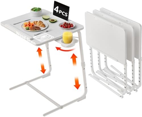 NUTIKAS TV Trays Set of 4 - Folding TV Tray Adjustable Dinner Trays for Eating On Couch Wooden Tables Mate Stand Foldable White Desk with Cup Holder Portable by NUTIKAS