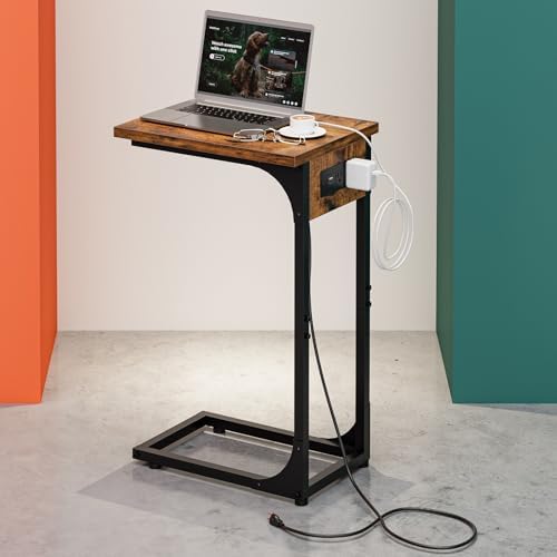 C-Shaped Side Table for Couch - Small Coffee Stand Sofa Tray Desk with Metal Frame Waterproof Scratch Resistant Wood Top and Built-in Charging Station, Rustic Brown by RISWER