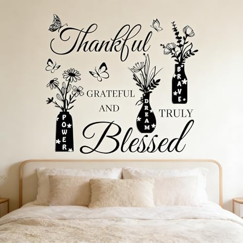 Thankful Grateful Blessed Wall Decal - Inspirational Quote with Floral Vase & Butterfly Stickers, Power Dream Brave Vinyl Wall Art for Living Room, Bedroom, Kitchen, Farmhouse Home Decor - Image 4