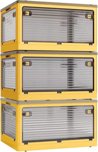 3-Pack 83L Stackable Storage Bins with Lids and Wheels, Foldable Storage Boxes Collapsible Organizers for Home Organization, Storage Cabinets for Outdoor Camping, Yellow by CearsoerOfficial