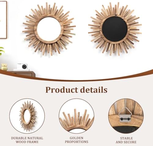 18 Inch Boho Sunburst Mirror, Round Wooden Wall Decor Starburst Sun Mirror for Bedroom, Living Room, Bathroom, Hallway, Balcony, Farmhouse Entryway, Housewarming Gift（Rustic Brown - Image 4
