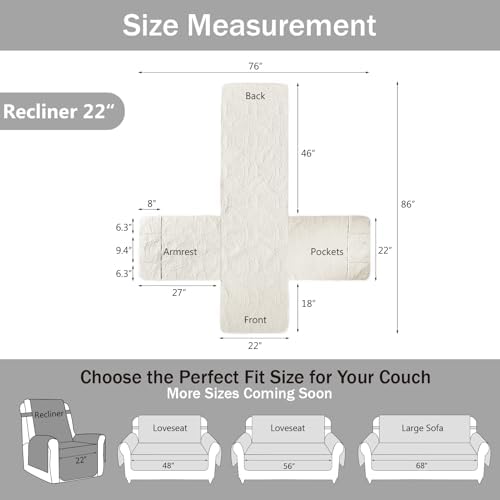 Quilted Recliner Chair Covers, Water-Repellent Slipcovers, Off White Recliner Covers Stay in Place, Pet Friendly ReclinerCover for Dogs, Washable Chair Covers (Recliner 22", Ivory White) - Image 6