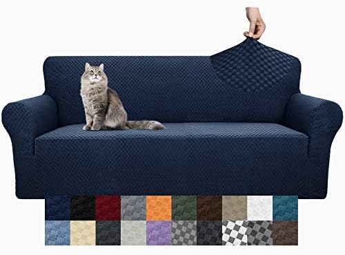 YEMYHOM Couch Cover Latest Jacquard Design High Stretch Sofa Covers for 3 Cushion Couch, Pet Dog Cat Proof Slipcover Non Slip Magic Elastic Furniture Protector (Large, Navy) by YEMYHOM