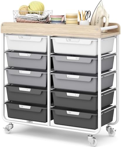 10 Drawer Rolling Storage Cart with Wood Top for Classroom Crafts Grey by APEXCHASER