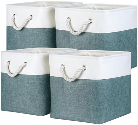 Temary 12 Inch Cube Storage Baskets 4 Pack Fabric Storage Bin for Organizing, Shelf Baskets for Home Office Closet, Collapsible Cube Storage Bins (White&Dark Green) by TEMARY