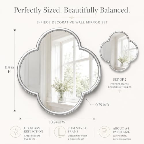 Glass Clover Mirror Set of 2, Non-Distortion Wall Decor Mirrors with Metal Edge, Aesthetic Four Leaf Clover Hanging Mirror for Entryway, Modern Crystal Clear Small Accent Mirror - Image 2