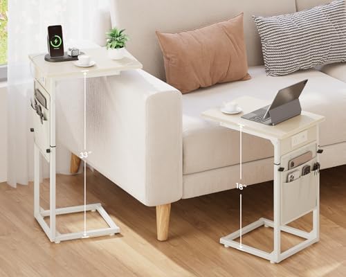 Vagusicc C Shaped End Table with Charging Station, Adjustable Height Side Table for Couch, Small Sofa Table C Table End Table, Slide Under Couch Table TV Tray Arm Table for Living Room, Bedroom, Cream - Image 2