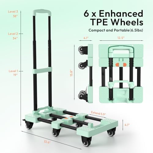 Voipvvii Folding Hand Truck 500lbs, Portable Heavy Duty Dolly Cart, 6 Wheels Collapsible Luggage Cart with 2 Elastic Ropes - Compact Trolley Cart for Easy Moving - Ideal Hand Cart for Travel and More - Image 4