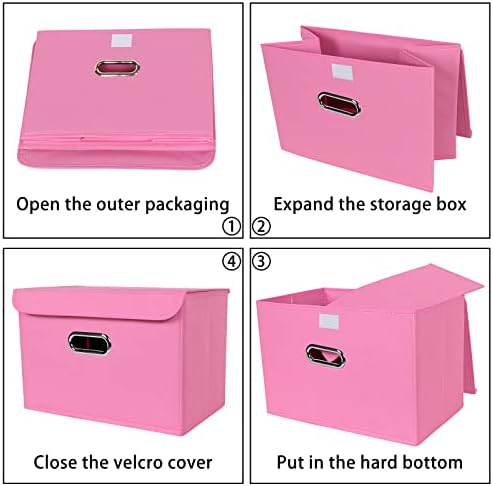 Linen Fabric Foldable Collapsible Storage Cube Bin Organizer Basket Fabric Storage Bins with Lid, Leather Handles, Removable Divider for Home, Closet, Pink 3Pcs - Image 6