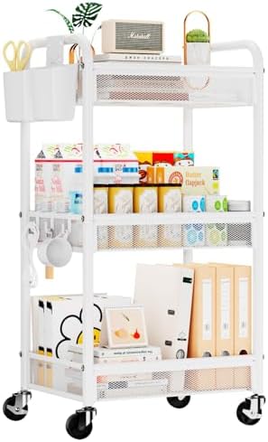 YASONIC 3 Tier Metal Rolling Cart, White Utility Storage Cart with Wheels by YASONIC