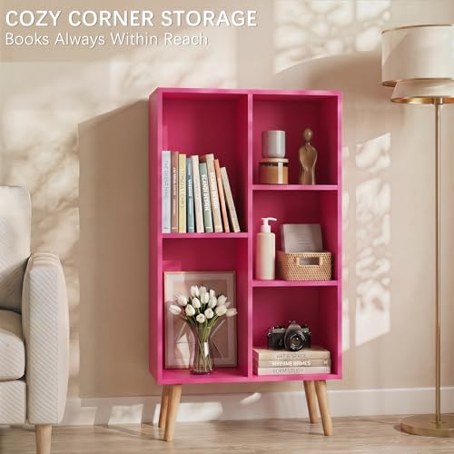 YAHARBO Small Pink Bookshelf,3 Tier Modern Kids Bookcase with Legs,5 Cube Wooden Bookshelves Storage Shelf,Book Shelves Organizer,Display Bookcases Cabinet for Room Nursery Study - Image 5