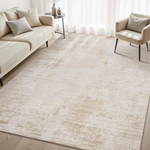 5x7 Area Rugs for Living Room Non Slip Machine Washable Rug Distressed Abstract Soft Indoor Carpet Neutral Boho Rug for Bedroom Dining Room Playroom Office, Beige by Tchdio