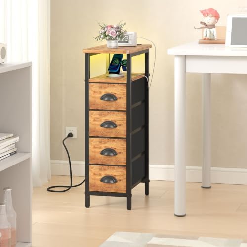sthmec Side Table with Charging Station, Narrow End Table with 4 Drawers, LED Nightstands with Fabric Drawers,Slim Sofa Couch Side Tables for Small Spaces,Living Room,Bedroom,Rustics Brown - Image 7
