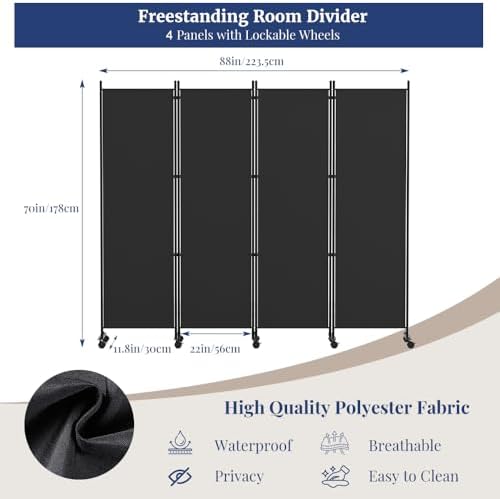 Kokorona 4 Panel Room Divider, 6FT Tall Rolling Privacy Screen with Lockable Wheels, Folding Wall Dividers Portable Room Divider for Room Separation, Included - Cover Strips, Black, 88''W x 70''H - Image 2
