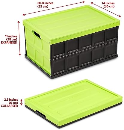 Glad Collapsible Storage Bin with Lid - 48L Foldable Plastic Box for Garage, Car Trunk, and Organization - Stackable Lidded Container with Handles, Green - Image 2