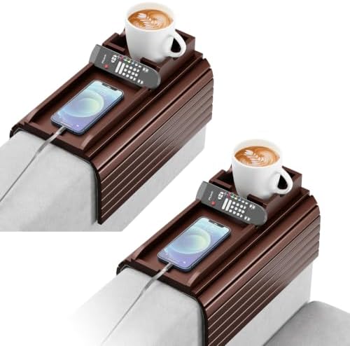Bestjing 2 Pack Couch Armrest Table with Cup Holder Tray (Walnut) by Bestjing