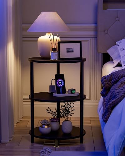 Small Round Side Table - 3-Tier Oval Accent Table for Small Spaces, Rustic Wood and Metal Nightstand for Living Room or Bedroom, Built-in USB Ports and Power Outlet, Charcoal Wenge - Image 5