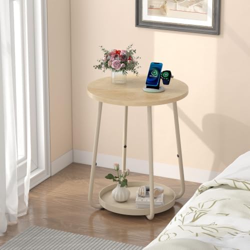 sthmec Small Round Side End Table with Storage, 2 Tier Round Bedside Sofa Couch Coffee Tables with Tray, Metal Nightstand for Small Spaces, Living Room Bedroom, Natural - Image 5