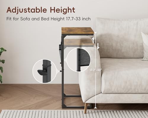 Vagusicc C-Shaped End Table with Charging Station, Small Side Table for Couch, 33" Tall C Table Adjustable Height Side Table, Couch Tables that Slide Under, Sofa Table TV Tray for Living Room, Brown - Image 5