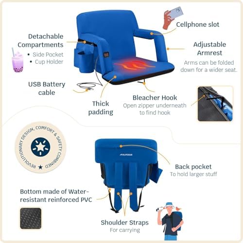 Alpcour Heated Reclining Stadium Seat for Bleachers – Wide Bleacher Chair with Back Support and Cushion, Armrests, Side Pockets, & Hook – Stadium Seats Chairs for Camping, Kayak, Paddle Board & More - Image 6