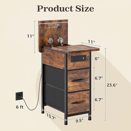 Huuger Narrow End Table with Charging Station, Side Table with 2 Drawers - Image 3