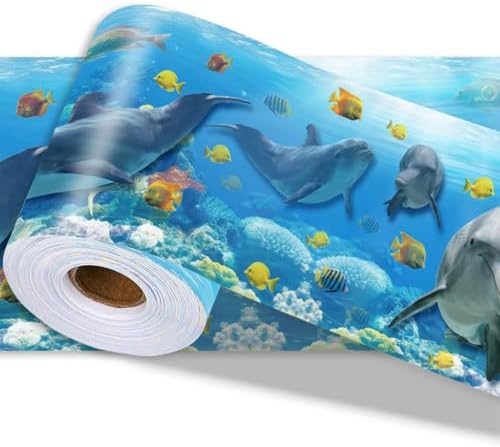 Ocean Wallpaper Border Wall Border Trim Peel and Stick 19.7 x 4 Inch Ocean Dolphin Fish Pattern PVC Decorative Molding Sticker for Bathroom Laundry Kitchen Backsplash Hotel Home Decoration by PRESSINART