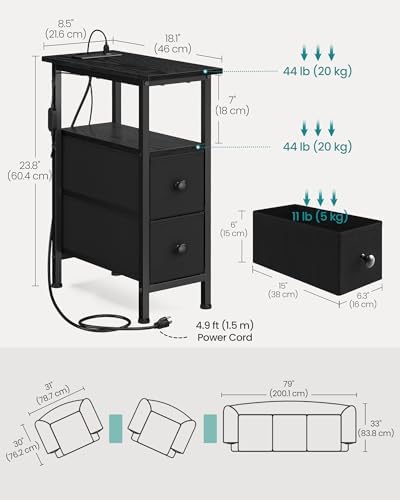 SONGMICS Side Table with LED Light, Narrow End Table with 2 Fabric Drawers - Image 2