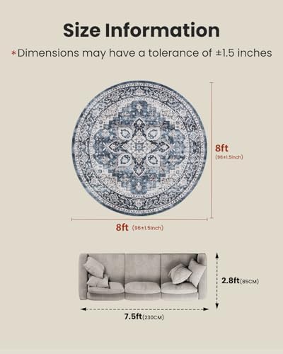 AMADA HOMEFURNISHING Round 8ft Area Rugs, Low-Profile Washable Rug with Non-Slip Backing & Durable Edge Binding, Vintage Rugs for Living Room, Bedroom, Dinning Room - Image 2