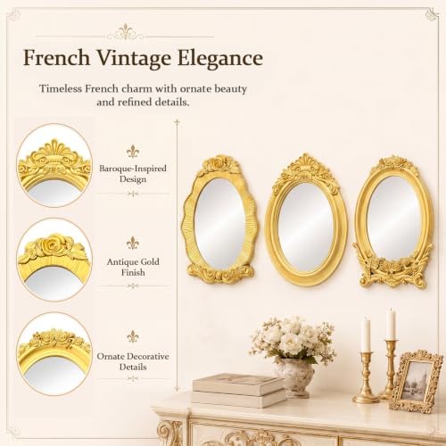 Mifoci Vintage French Wall Mirror Set of 3 Antique Gallery Decor,Oval - Image 3