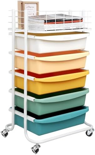 Rolling Storage Utility Cart Organizers with 5 Drawers and Metal Tabletop by Runnatal