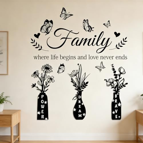 Family Where Life Begins and Love Never Ends Wall Decal - Inspirational Quote with Floral Vase & Butterfly Stickers, Power Dream Brave Vinyl Wall Art for Living Room, Entryway, Farmhouse Home Decor - Image 6