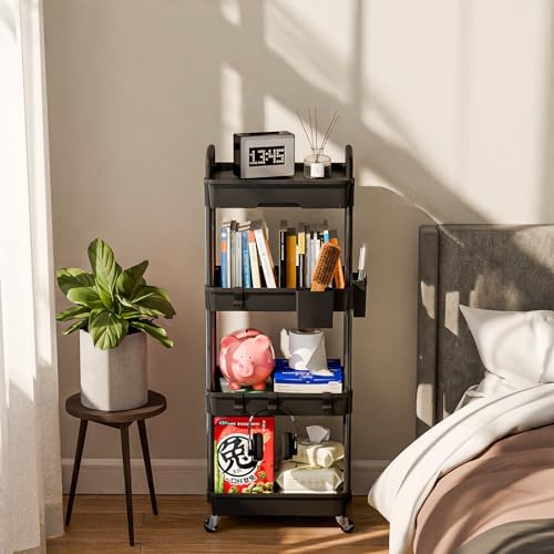 Sorgion 4 Tier Rolling Cart Organizer,Art Craft Diaper Bedside Snack Laundry Room Bathroom Organizer Narrow Thin Slim Rolling Trolley Utility Cart with Wheels for Kitchen,Office(Black) - Image 2