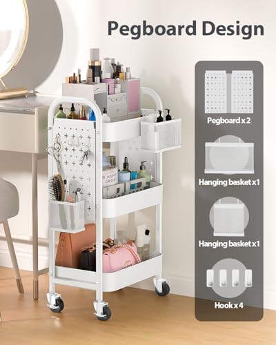 ALVOROG 3 Tier Metal Rolling Utility Cart with Pegboards,Baskets,Hook,White - Image 2