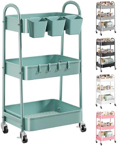 3 Tier Green Metal Rolling Cart with Lockable Wheels and Handle, 3 Tiered by Recximi