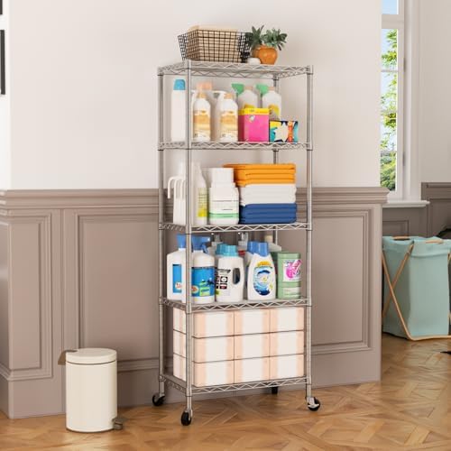 SINGAYE 5 Shelves Storage Wire Shelf Closet Metal Shelving Pantry Wheels - Image 7
