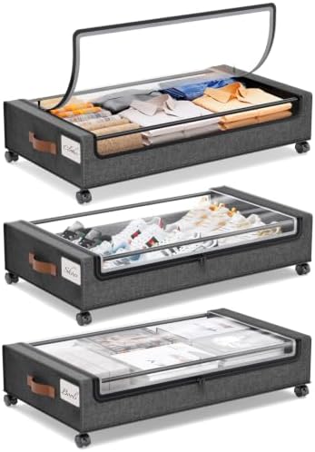 Yecaye 3 Pack Under Bed Storage with Wheels, Under Bed Storage Containers, Underbed Shoe Storage Organizer, Rolling Under Bed Metal Drawers for Clothes, Blankets(30.7 x 16.9 x 6.7 in) by Yecaye