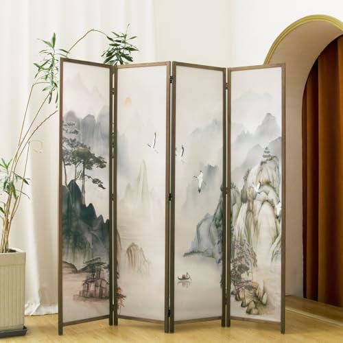 4 Panel Room Divider, 5.6 ft Tall Blackout Folding Privacy Screen - Double-Sided Freestanding Partition Wall with Different Patterns, Ink-wash Mountain Landscape for Home Office (67"H x 63"W) by PawlaBay
