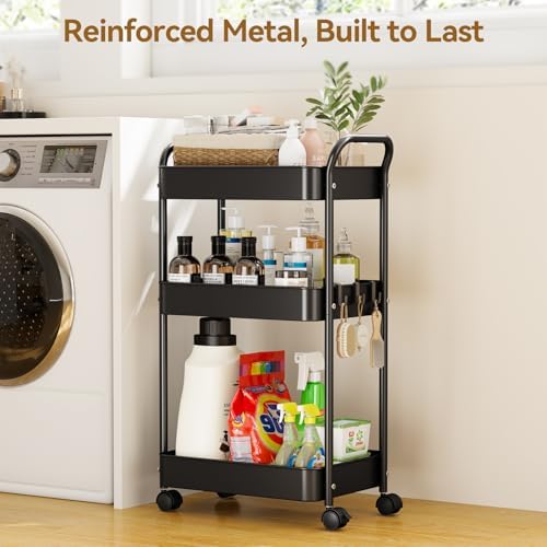 YASONIC 3-Tier Metal Rolling Cart Utility Carts with Wheels Black - Image 2