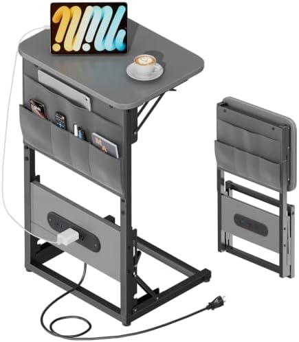 HLDIRECT C Shaped End Table with Charging Station & Storage Bag Gray by HLDIRECT