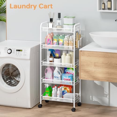 TOOLF 5 Tier Rolling Cart, Metal Utility Storage Cart with Wheels, White | 3 Hooks, Screwless Assembly, Trolley Organizer for Bathroom, Kitchen, Office, Nursery, Dorm, Laundry Room - Image 7