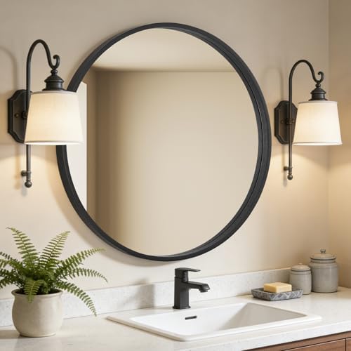 WallBeyond Round Wood Mirror, 32" Round Modern Decoration Large Circle Wall Mirror for Bathroom Living Room Bedroom Entryway, Black - Image 2